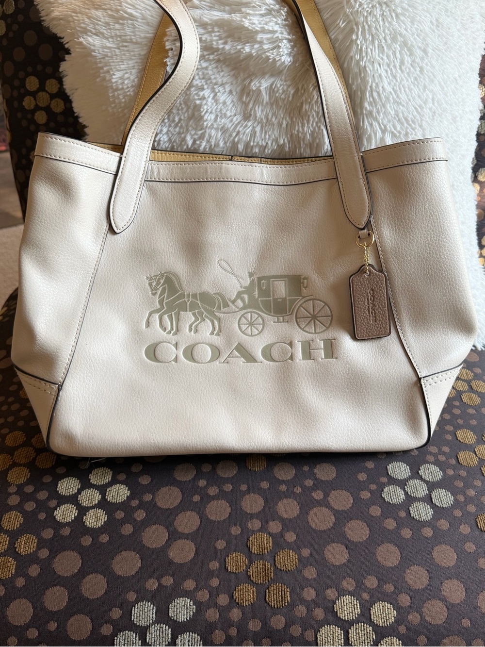 COACH Cream Leather Tote with Signature Carriage Logo